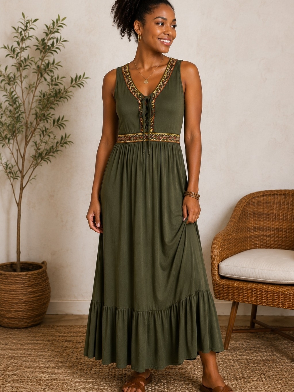 Spense Olive Green Maxi Dress with Embroidered Trim